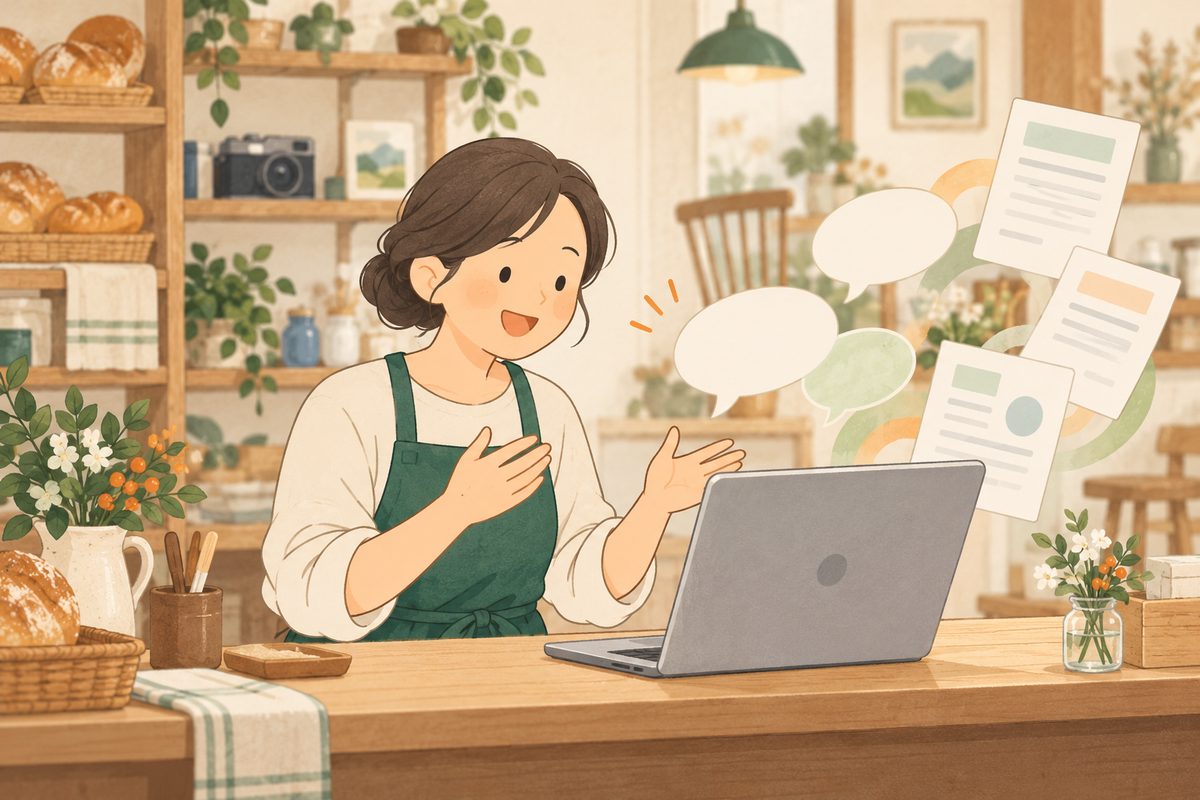 お店の人がノートパソコンに話しかけ、書類ができていく様子の絵