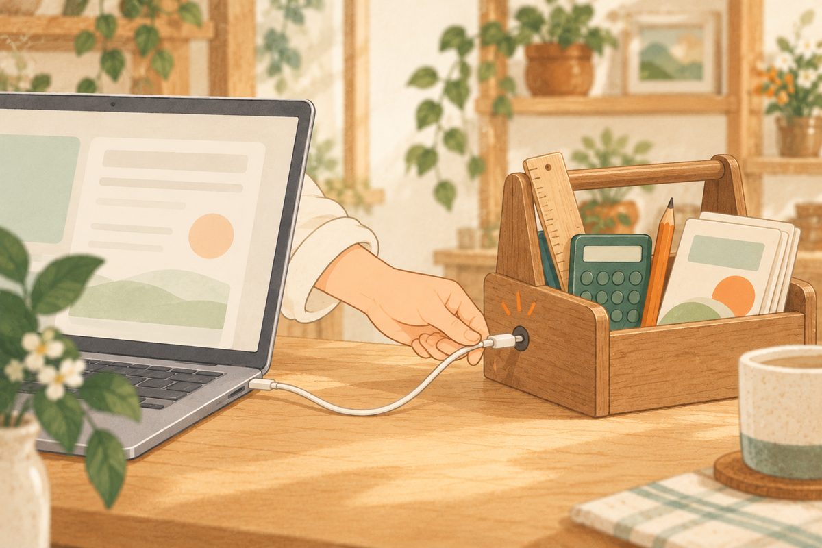 パソコンから道具箱へケーブルを差し込む絵