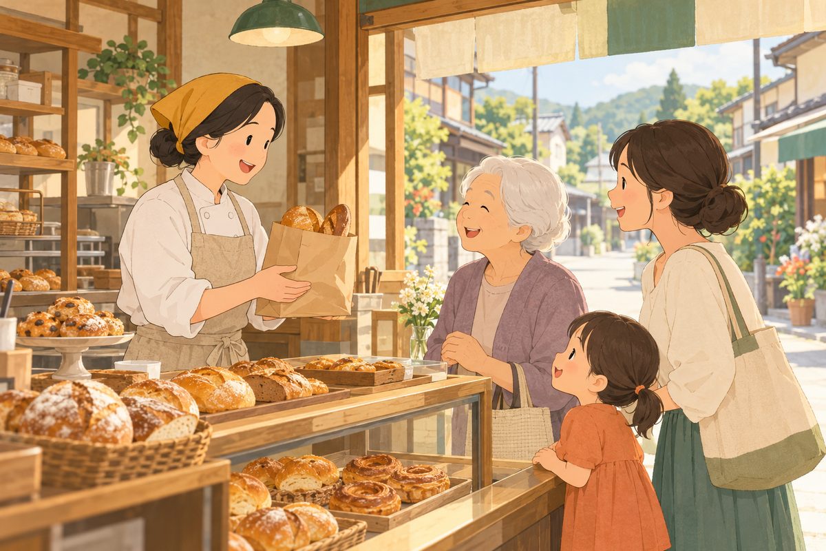 店主が常連の年配の女性と親子連れに紙袋を渡している絵