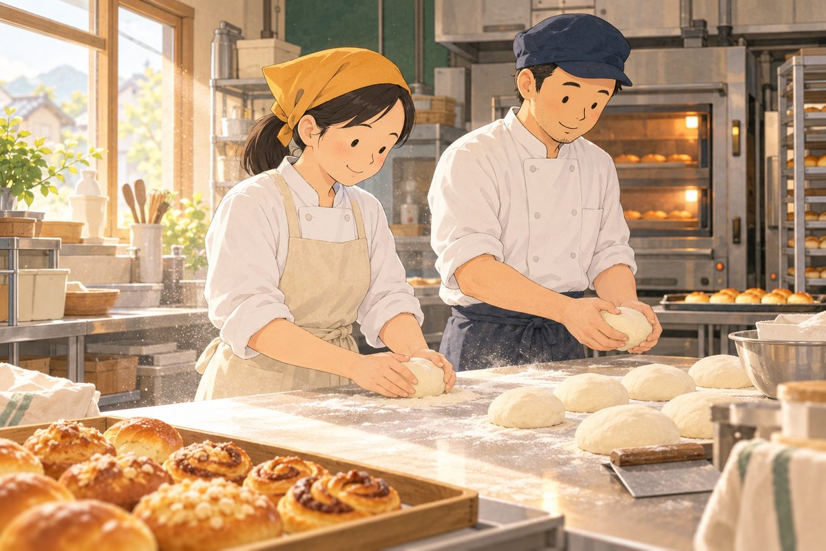 パン屋の厨房で夫婦が生地を成形している絵